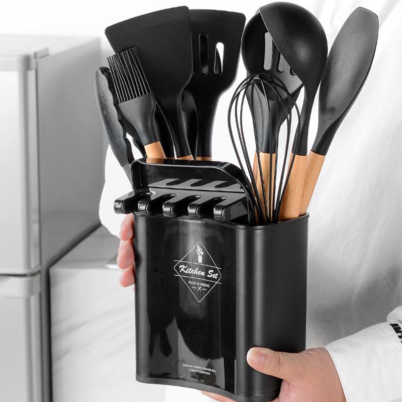 Mới Nhất Tay Cầm Bằng Gỗ Silicone Dụng Cụ Nấu Ăn Bộ Nồi Chịu Nhiệt Dính Đồ Dùng Nhà Bếp Công Cụ Nhà Bếp Phụ Kiện Tiện Ích