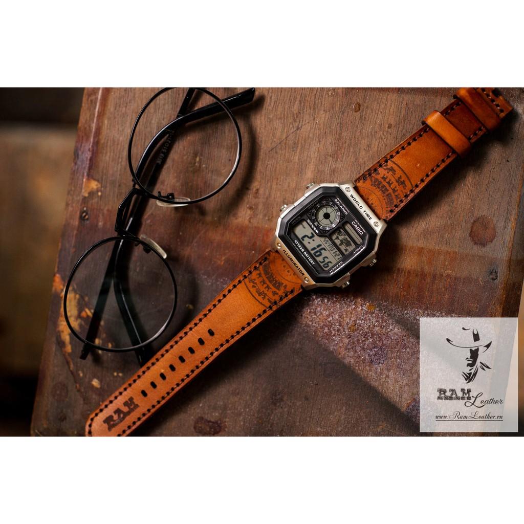 DÂY ĐỒNG HỒ CASIO AE1200/SEIKO5 TRỐNG ĐỒNG LIGHT BROWN SÁNG DA BÒ THẬT