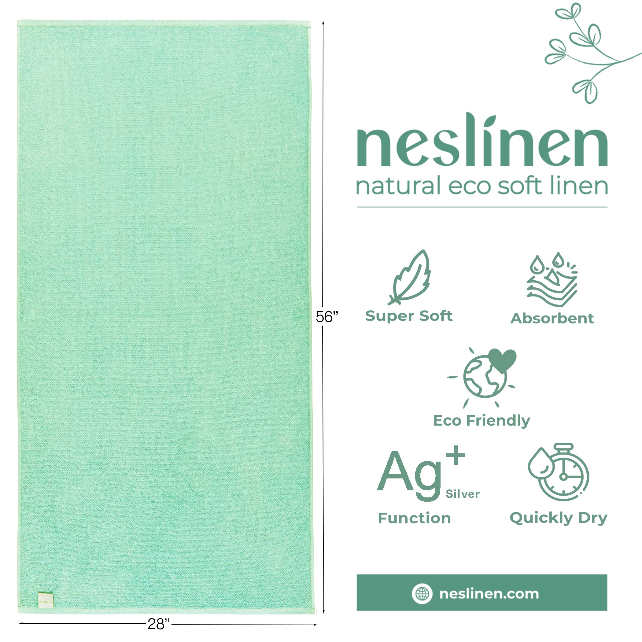 Hộp 2 Khăn Tắm Bạc Kháng Khuẩn Neslinen, 100% Cotton Mềm Mại, Siêu Thấm Hút; Xuất US/Canada; Size 71*142cm, 550Gram/ cái