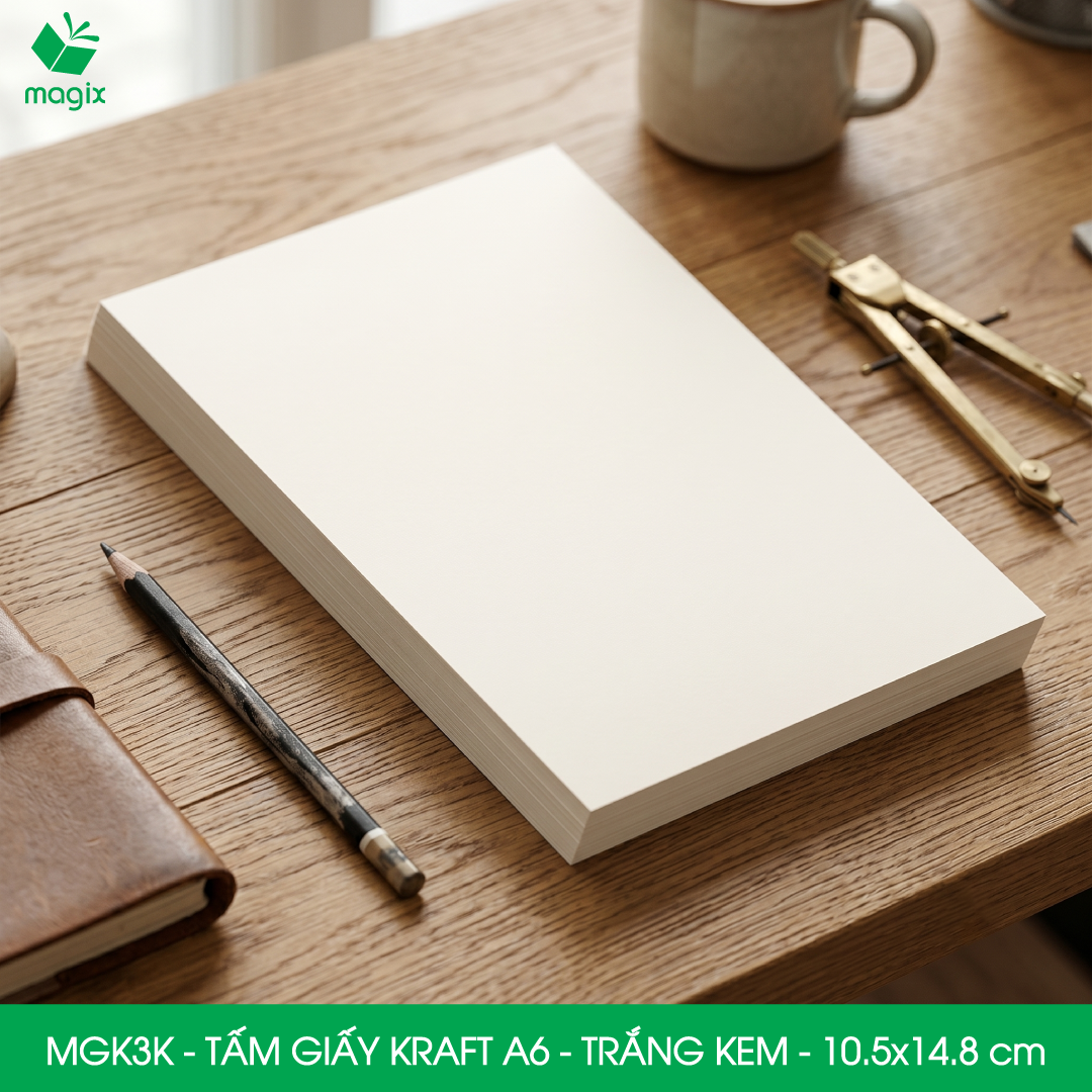MGK3K - A6 - 100 gsm - 100 tờ giấy kraft trắng kem - Giấy mỹ thuật in ấn, làm ruột sổ, vẽ phác thảo