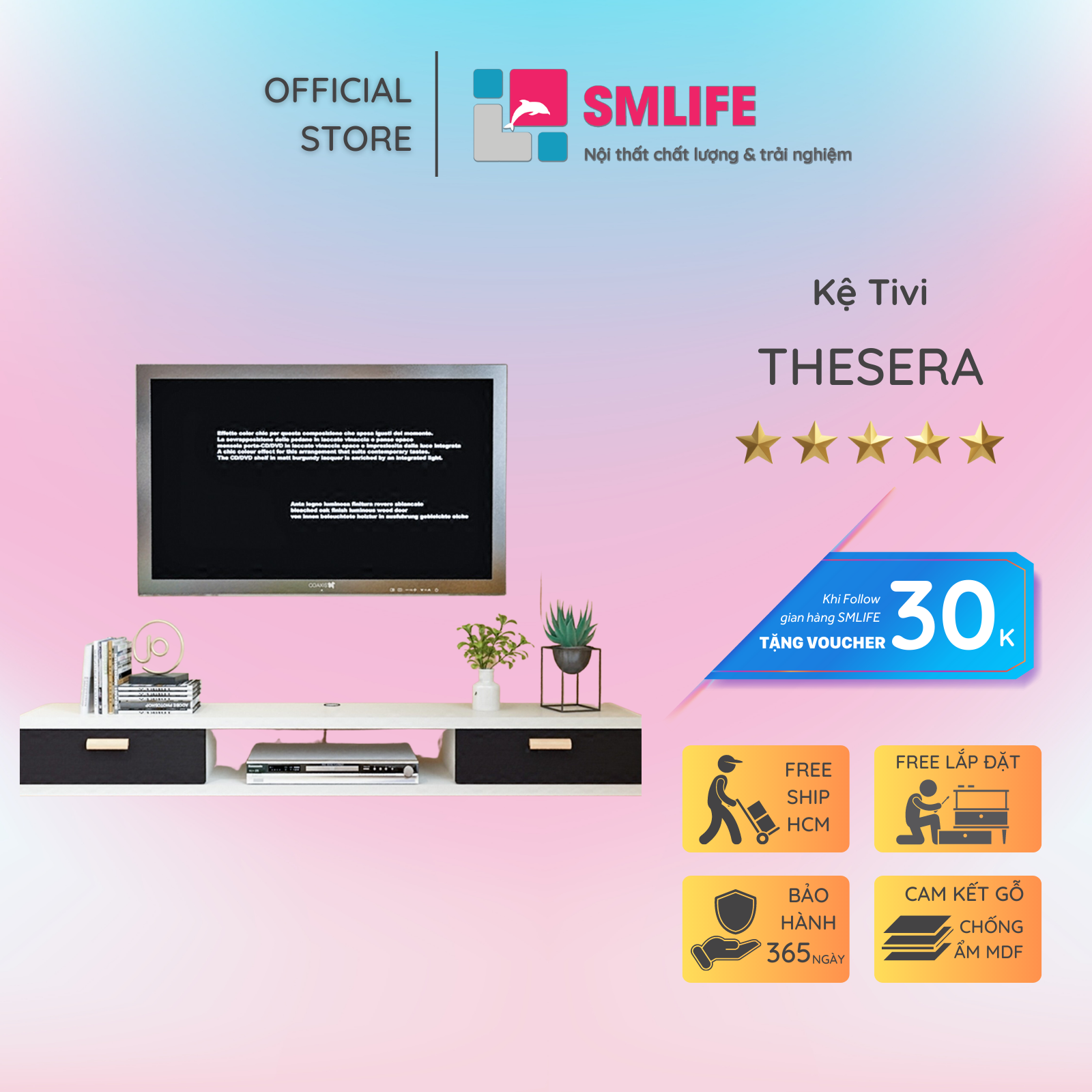 Kệ Tivi gỗ hiện đại SMLIFE Thesera  | Gỗ MDF dày 17mm chống ẩm | D150xR25xC20cm