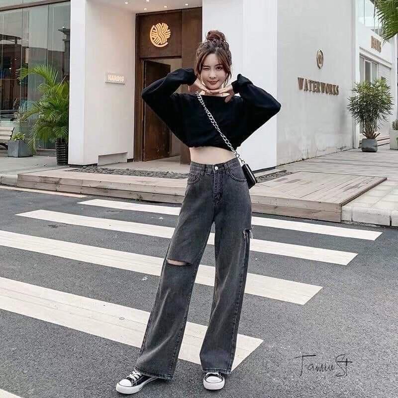 Quần Jeans Nữ Ống Rộng Rách Lưng Cao Màu Xám Khói, Quần Bò Ống Rộng Rách Hông và Đùi Siêu Hot 00.1