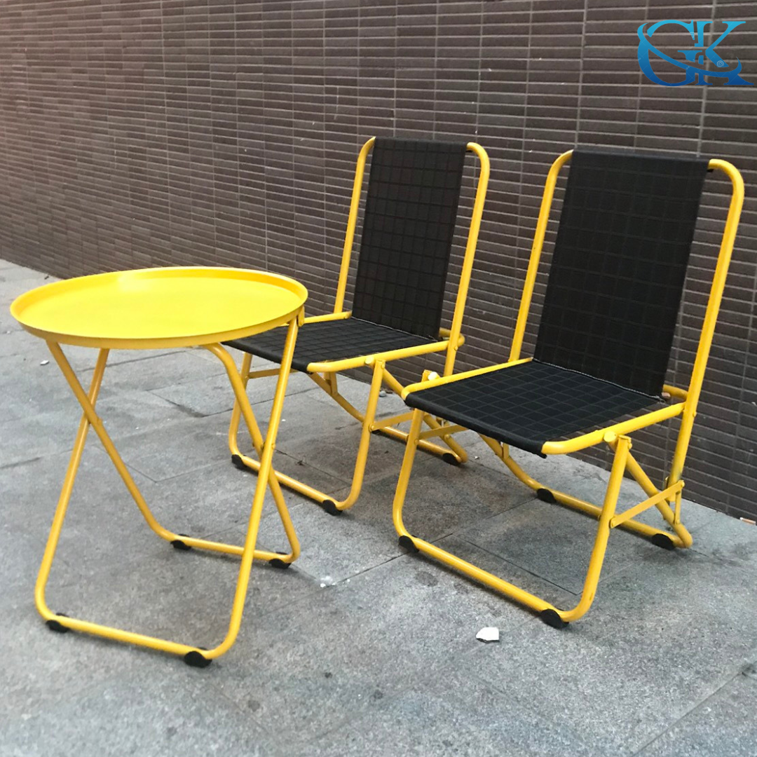 Ghế xếp cafe gấp gọn lưng 75cm, bộ 2 ghế 1 bàn màu vàng, sắt sơn tĩnh điện lưới lò xo, bảo hành 12 tháng