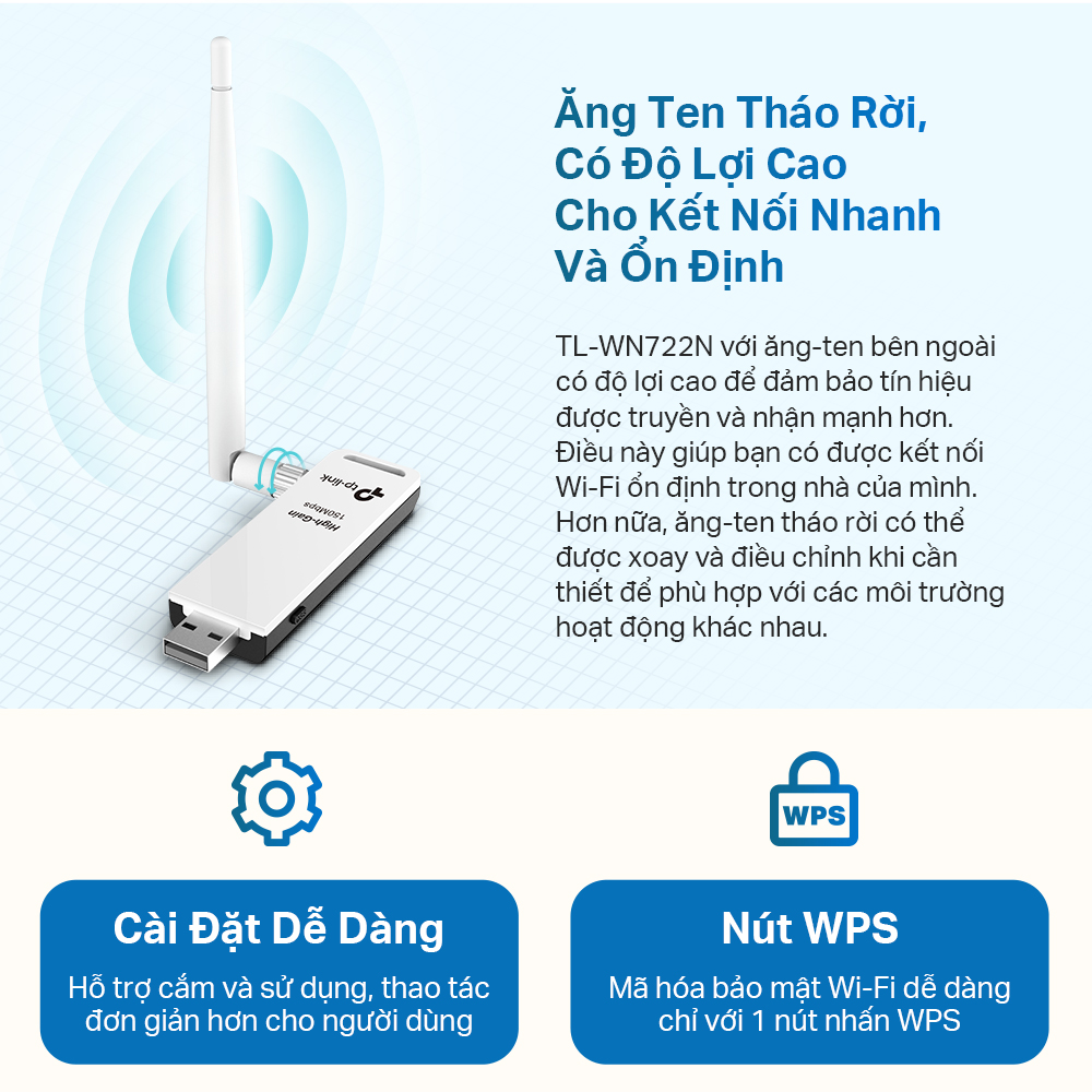 Bộ Thu Wifi USB TP-Link TL-WN722N Chuẩn N 150Mbps - Hàng Chính Hãng