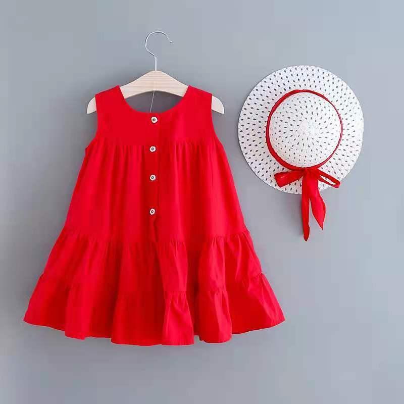 SHUANGYAN 3 Váy mùa hè cho bé gái 4 Váy mùa hè màu đỏ cho trẻ em 5 Váy mùa hè rộng cho bé gái 2-7 tuổi