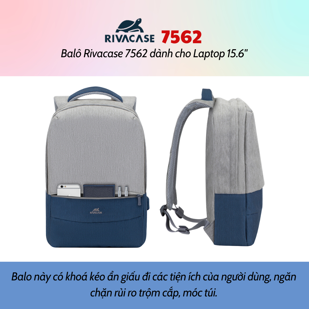 Balô Rivacase 7562 Để Vừa Laptop 15.6&quot; - Bảo Hành 24 Tháng - Hàng Chính Hãng