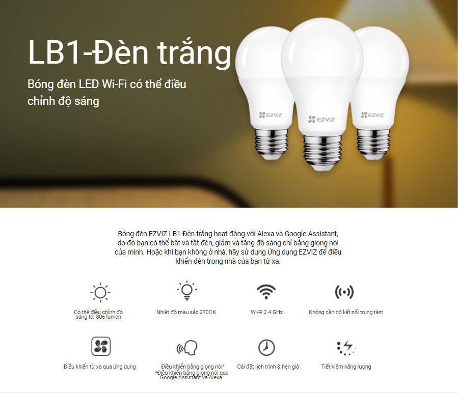 Bóng đèn EZVIZ LB1, Đèn Trắng Ngà hoặc Đèn màu (16 triệu màu), Kết nối WI-FI, Điều Khiển Từ Xa Qua Ứng Dụng Di Động, Cài đặt lịch trình &amp; hẹn giờ, Tiết kiệm năng lượng--Hàng chính hãng