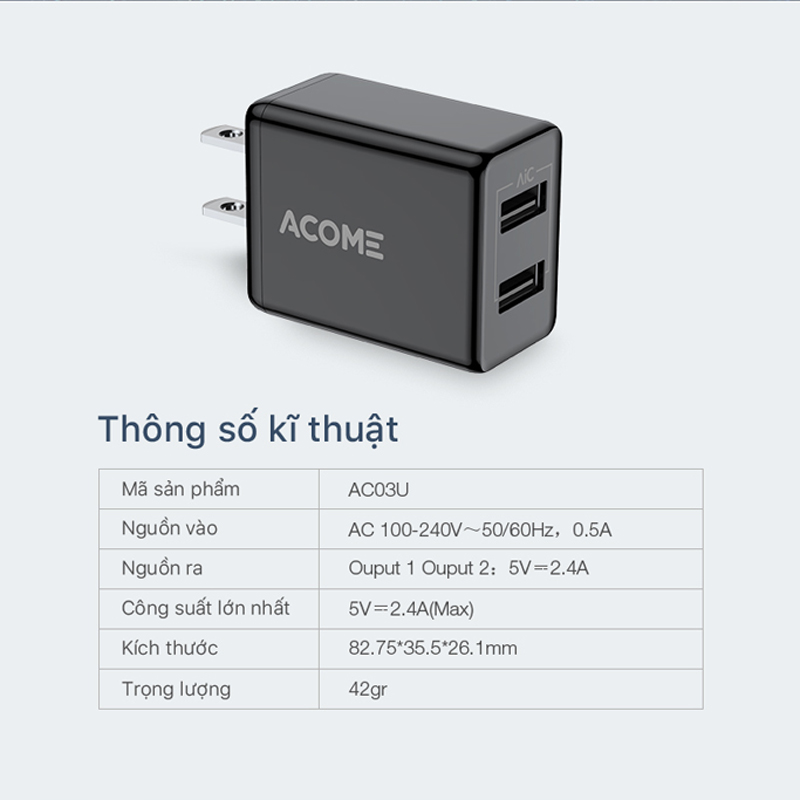 Cốc Sạc Nhanh ACOME AC03U Thiết Kế 2 Cổng USB Sạc Nhanh 2.4A Cho Di Động Điện Thoại Máy Tính Bảng - Hàng Chính Hãng