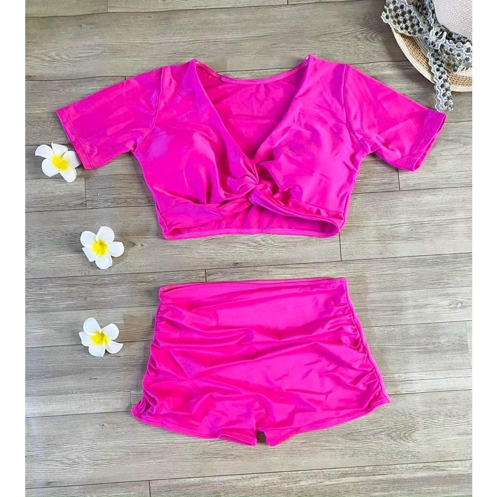 Set Đồ Bơi Nữ Áo Croptop Xoắn Cạp Quần Cao