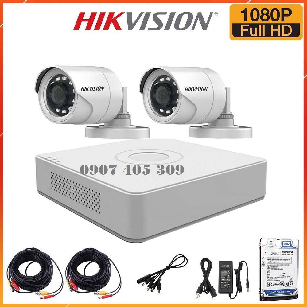 Trọn bộ 2 Camera 2MP DS-2CE16D0T-IR(C) + Đầu ghi hình HIKVISION, có sẵn phụ kiện, cắm điện là chạy - Hàng chính hãng