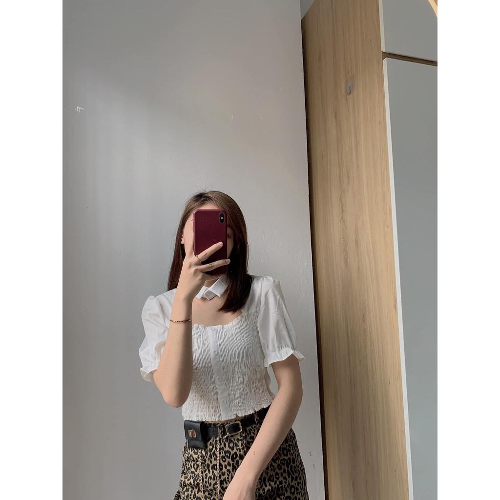 Áo croptop chun ôm người khoét ngực cổ sơ mi 2 màu trắng/ đen