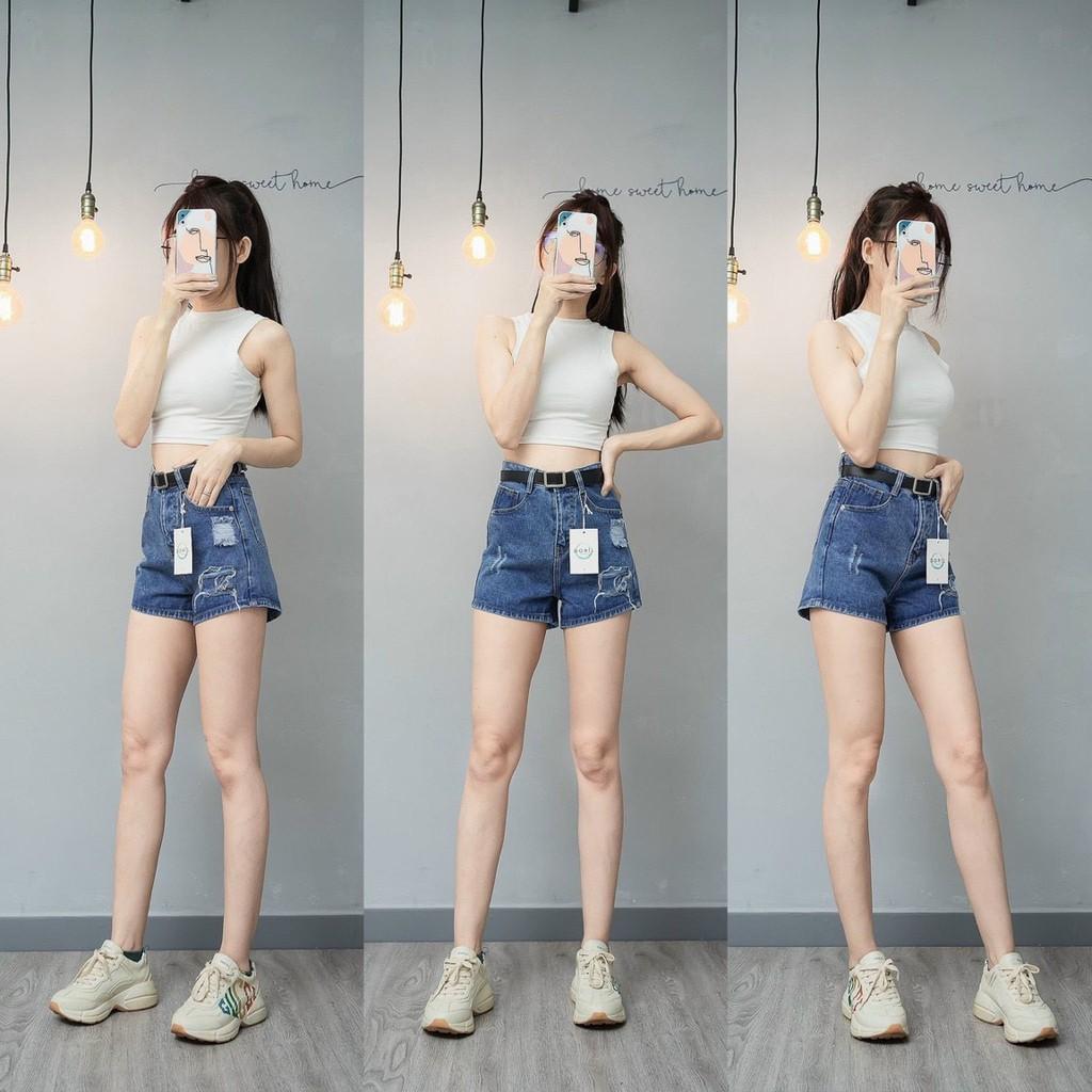 Quần short jean nữ lưng cao phối rách denim cotton, rin ngắn phối rách William - AT87