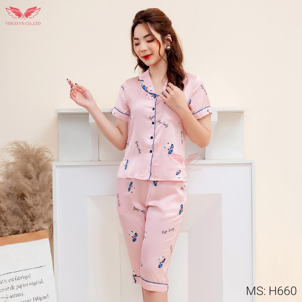 Đồ bộ nữ mặc nhà Pijama lụa Pháp VINGO tay ngắn quần lửng mặc mát mùa Hè họa tiết hoa hồng lé xanh thanh lịch H660 VNGO