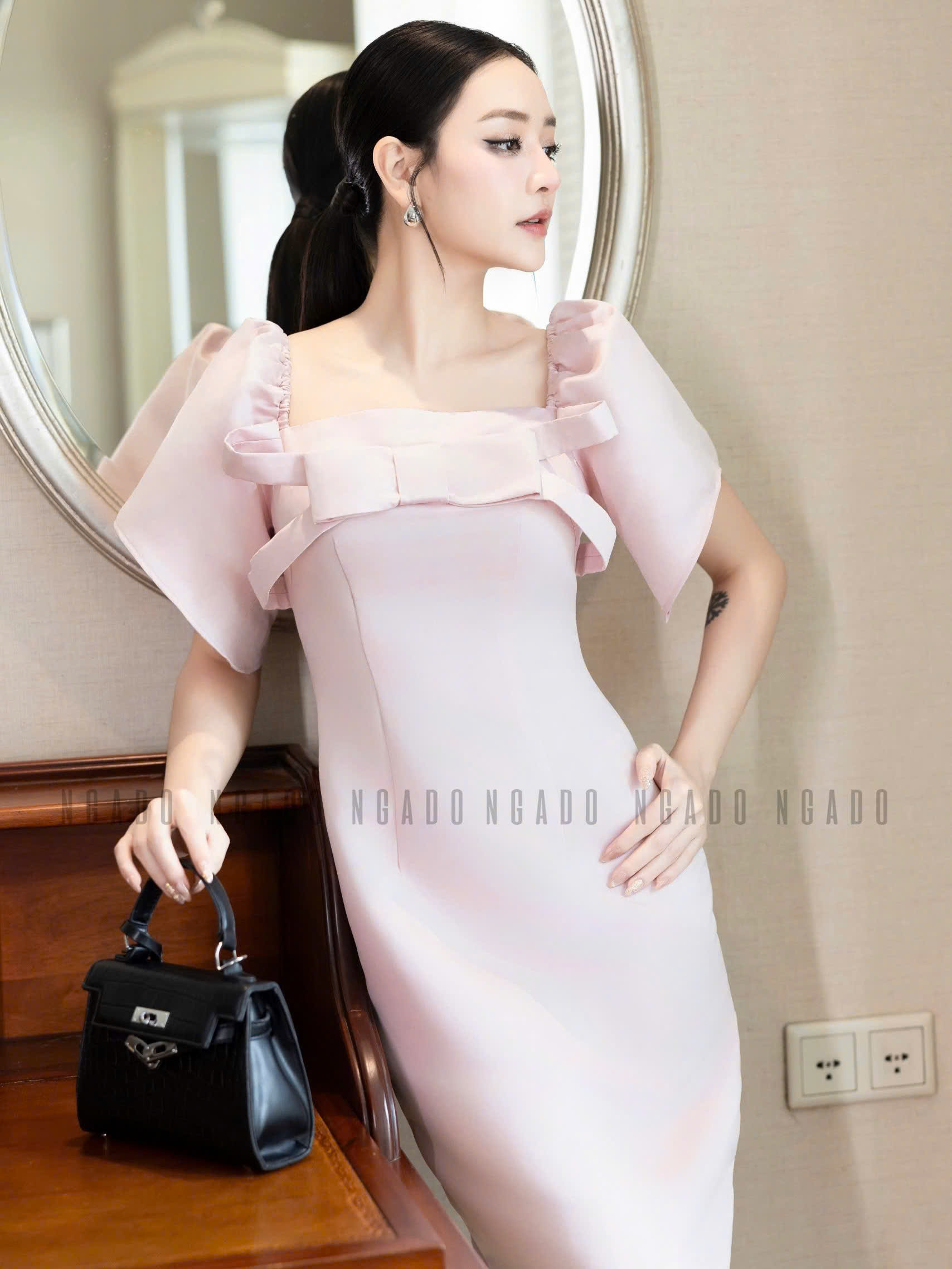 Đầm hồng cổ vuông tay phồng NGADO , đầm dự tiệc , đầm sang trọng