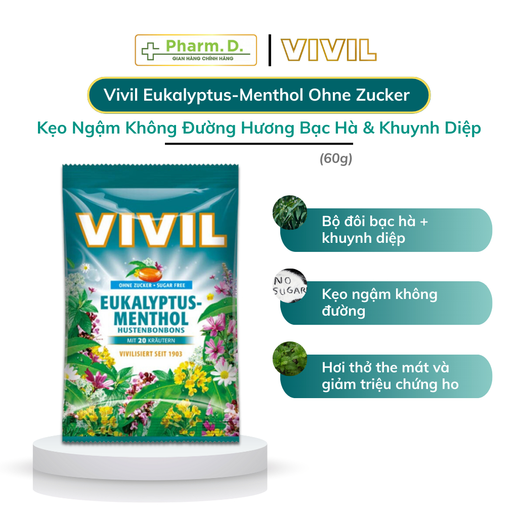 Kẹo Ngậm Không Đường VIVIL Nhiều Mùi Vị Hỗ Trợ Sức Khỏe (Gói 60g)