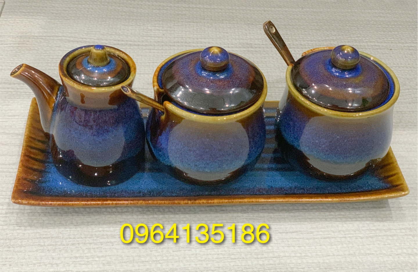 Set bộ đựng gia vị gốm sứ Bát Tràng men hoả biến xanh