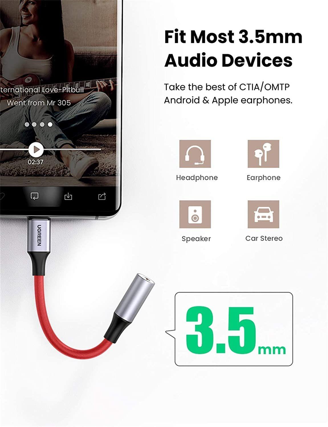 Ugreen UG70859AV161TK 10CM chip DAC Tương thích cho điện thoại Samsung màu đỏ Cáp chuyển đổi tai nghe USB C sang 3.5 mm 0.1M - HÀNG CHÍNH HÃNG