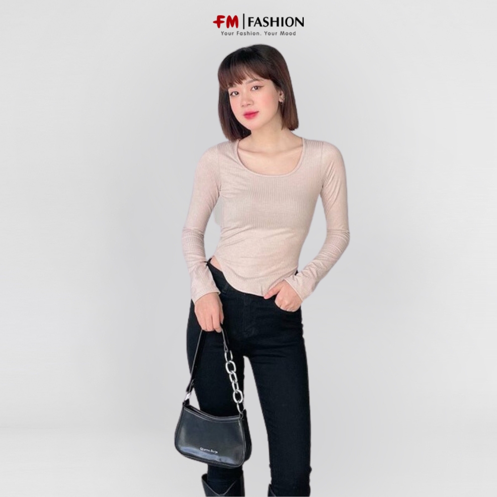 Áo thun nữ FM Style tay dài thun gân cổ U lai bầu nhiều màu sắc thời trang phong cách ulzzang 211070122