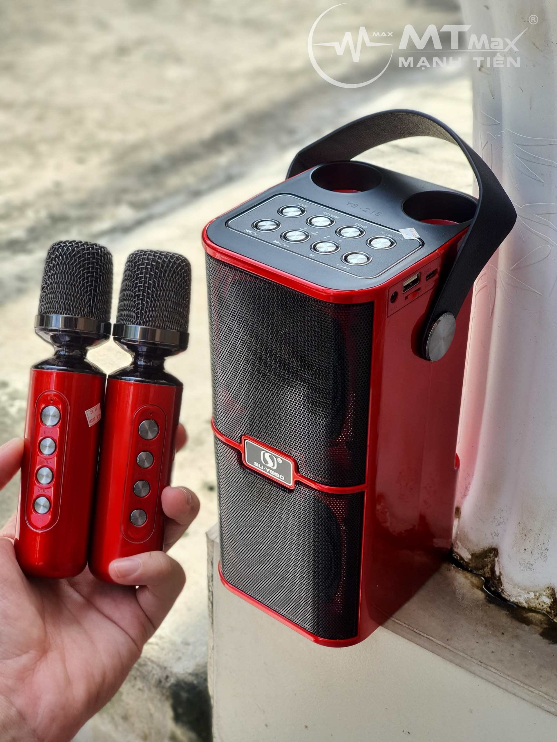 Loa bluetooth karaoke mini YS 218 Kèm 2 Micro thiết kế nhỏ gọn độc đáo âm thanh hay trầm ấm pin trâu bảo hành 12 tháng