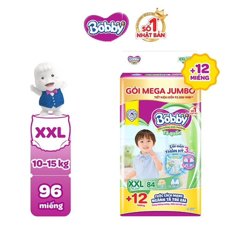 Tã/bỉm quần Bobby Mega Jumbo Lõi nén thần kì 3mm - Tặng 12 miếng trong gói