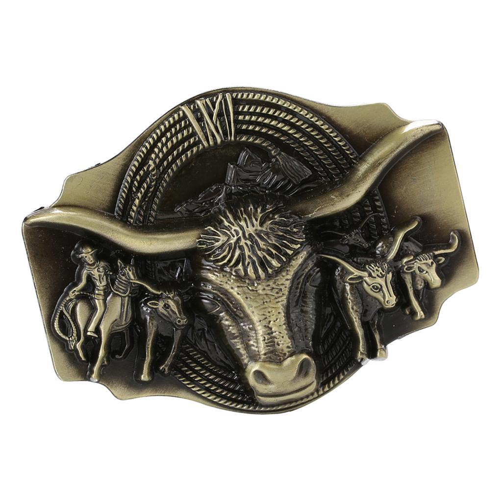Retro Western Cowboy Belt Buckle Embossed Long Rodeo Bronze Buckle
