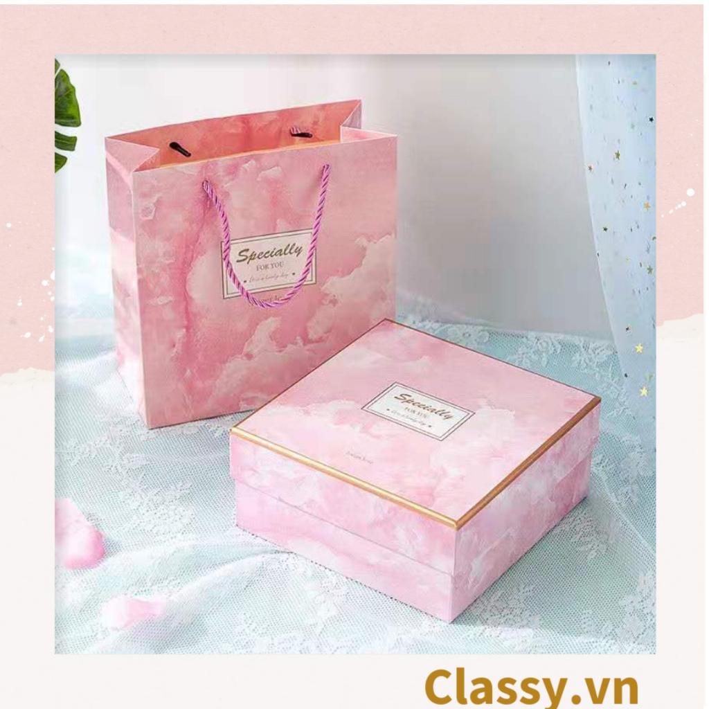 Túi giấy hoặc hộp cứng đựng quà tặng họa tiết cẩm thạch màu hồng hai mảnh, chất liệu cứng cáp sang trọng Q678