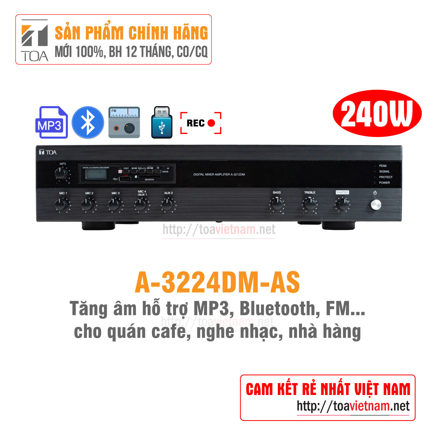 Tăng âm, cục đẩy MP3, Bluetooth 240W: TOA A-3224DM-AS - Hàng chính hãng