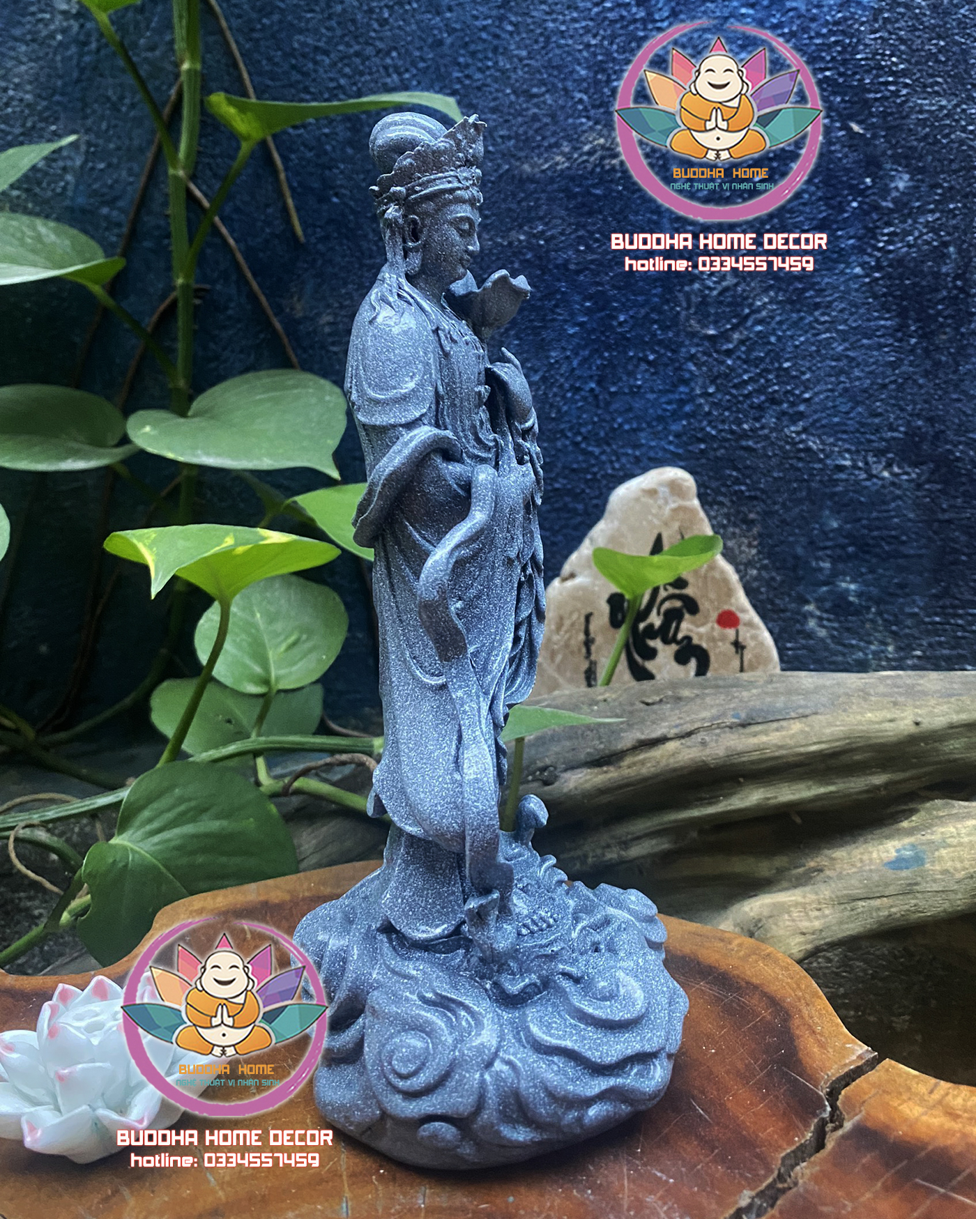 Tôn Tượng Đại Thế Chí Bồ Tát Đá xám chấm bi cao 23cm