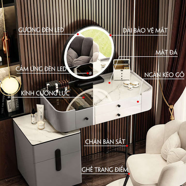 Bộ bàn ghế trang điểm kèm gương và ghế phong cách Châu Âu mặt kính cường lực đèn led cảm