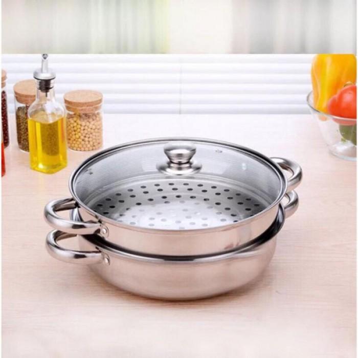 Nồi pot hấp 2 tầng inox, nồi hấp xôi, bánh bao size 28cm đa năng có nắp thủy tinh