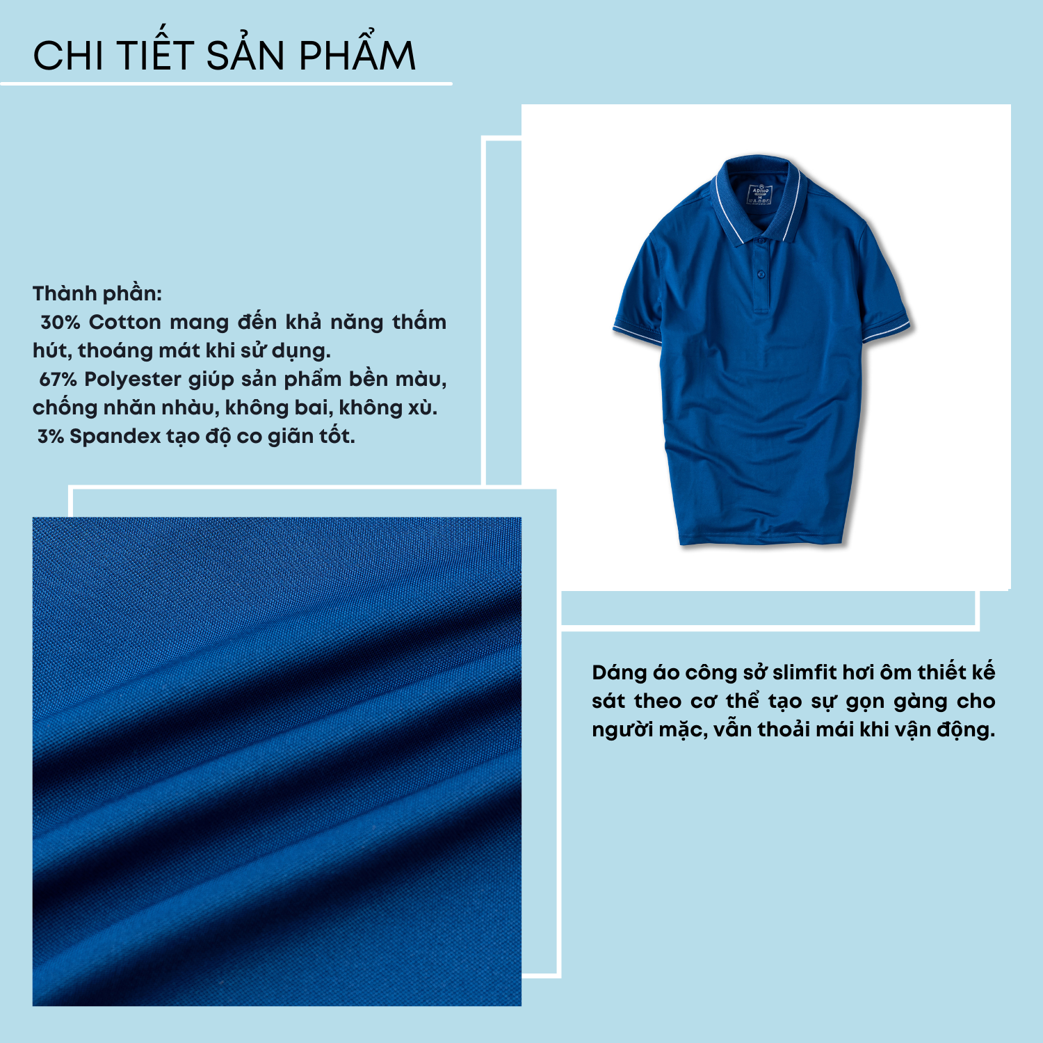 Hình ảnh Áo thun có cổ nam màu xanh dương phối viền ADINO vải polyester cotton mềm mịn dáng slimfit công sở trẻ trung AP95