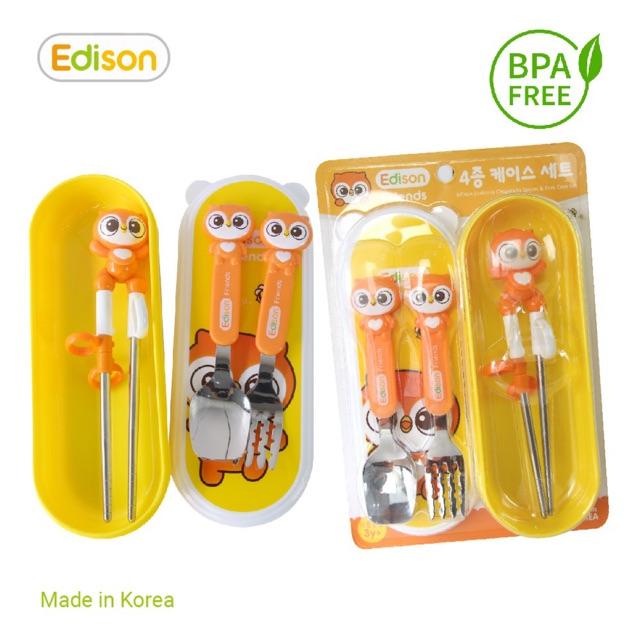 Đồ dùng ăn dặm cho bé MADE IN KOREA - set 3 món : Thìa-Dĩa- Đũa xỏ ngón tập gắp - Edison hình cú mèo 6971