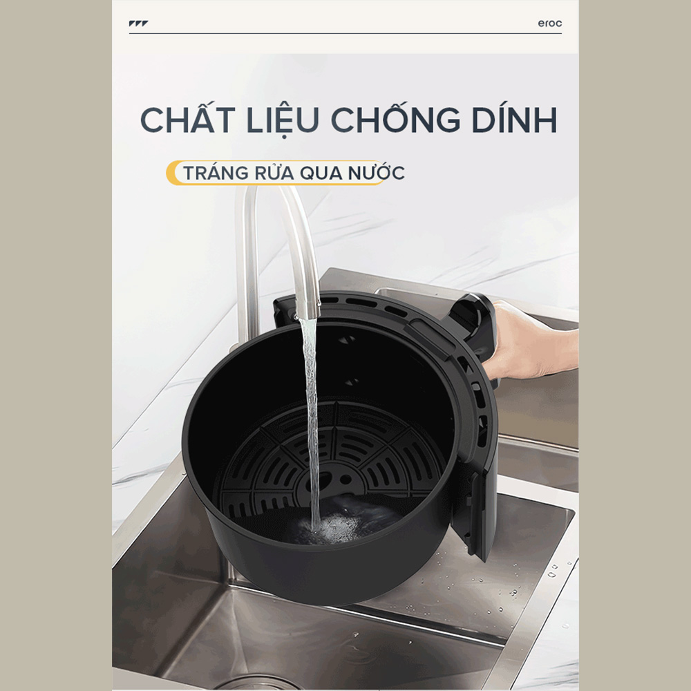 Nồi Chiên Không Dầu Eroc V-D2 Chống Dính 5.5L Chín Đều 2 Thanh Nhiệt Trên Dưới Không Cần Đảo Thức Ăn - Hàng Chính Hãng