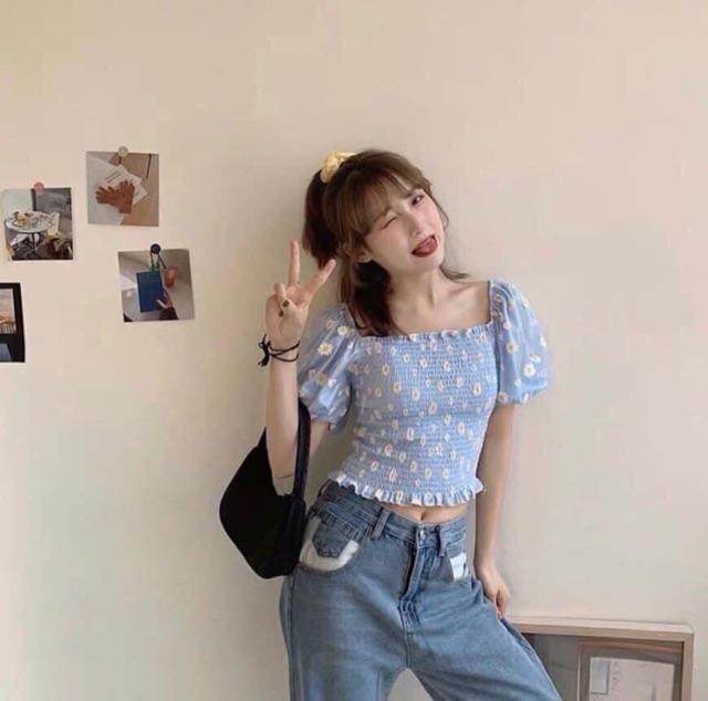 Áo kiểu nhún phối lưới in hoa cúc