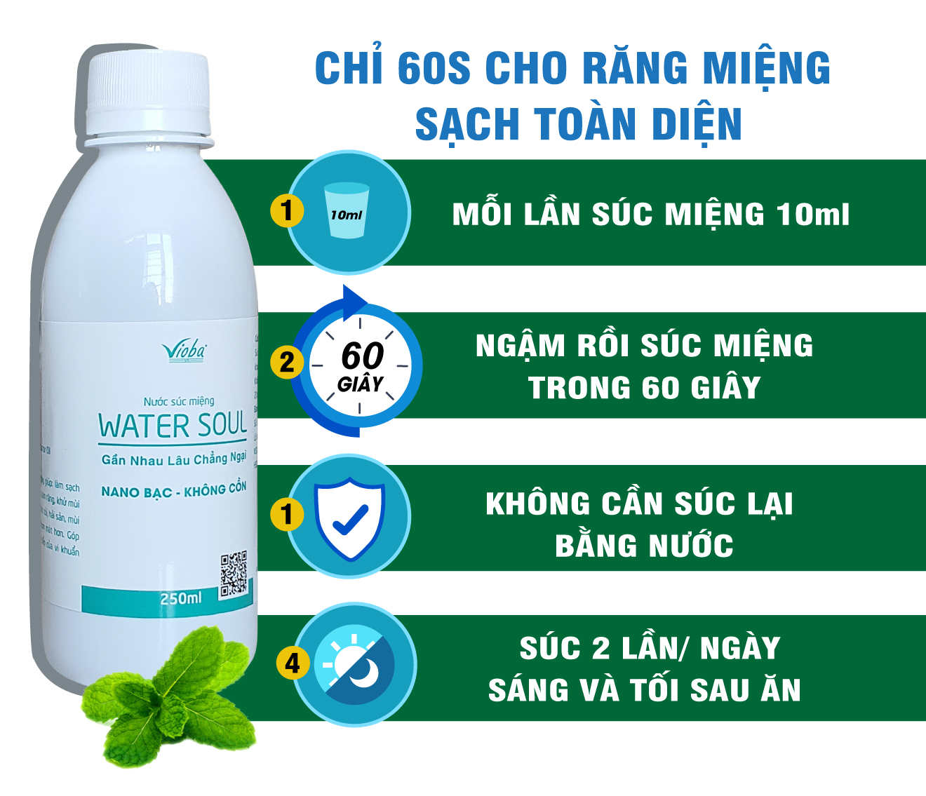 Nước súc miệng Water Soul  làm sạch răng, miệng và lợi mảng bám răng. Khử mùi hôi miệng do thức ăn... cho hơi thở thơm mát. Sản phẩm của Vioba, chai 250ml.