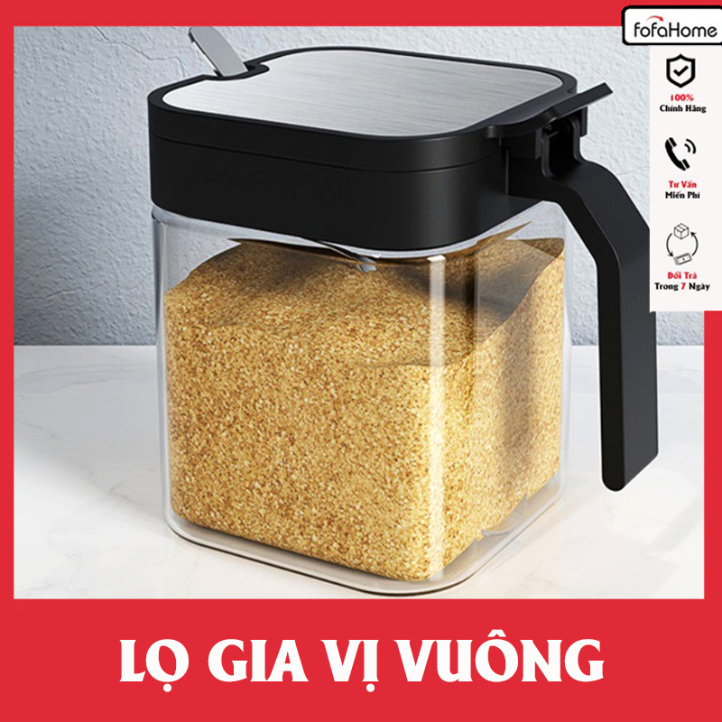Hũ Lọ Gia Vị Thủy Tinh Hình Vuông Có Tay Cầm, Nắp Đậy Tự Bật, Kèm Thìa Muỗng Tiện Dụng
