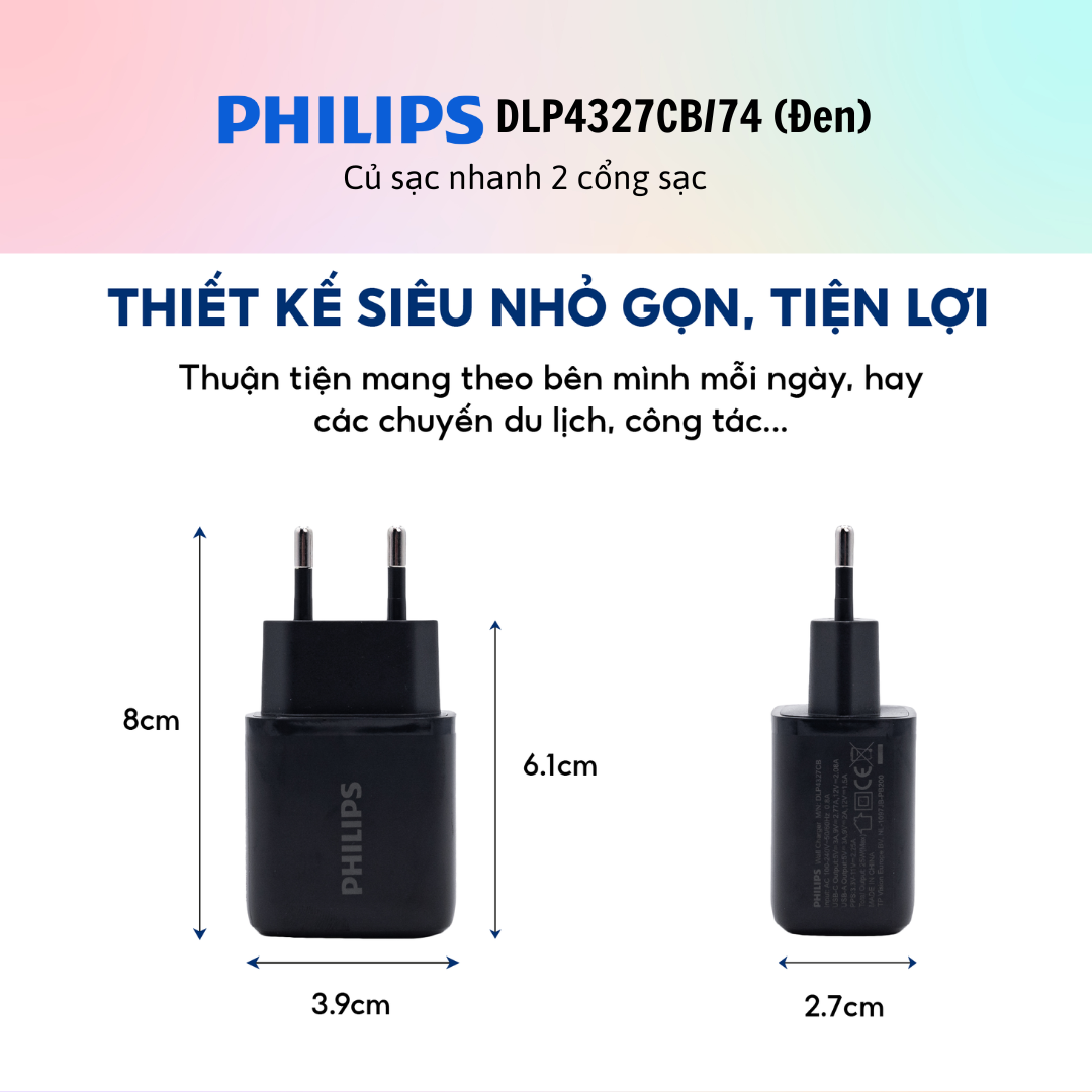 Củ sạc nhanh Philips 2 cổng sạc DLP4327CB/74 - DLP4327CW/74 - Hàng Chính hãng