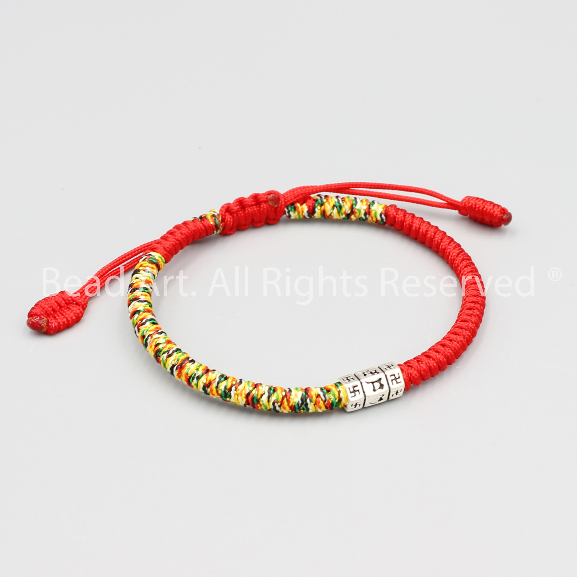 Vòng Tay Thắt Dây Tibet Phối Charm Bạc Lục Tự Chú Om Mani Padme Hum, Vòng Tay Phong Thuỷ - Bead Art