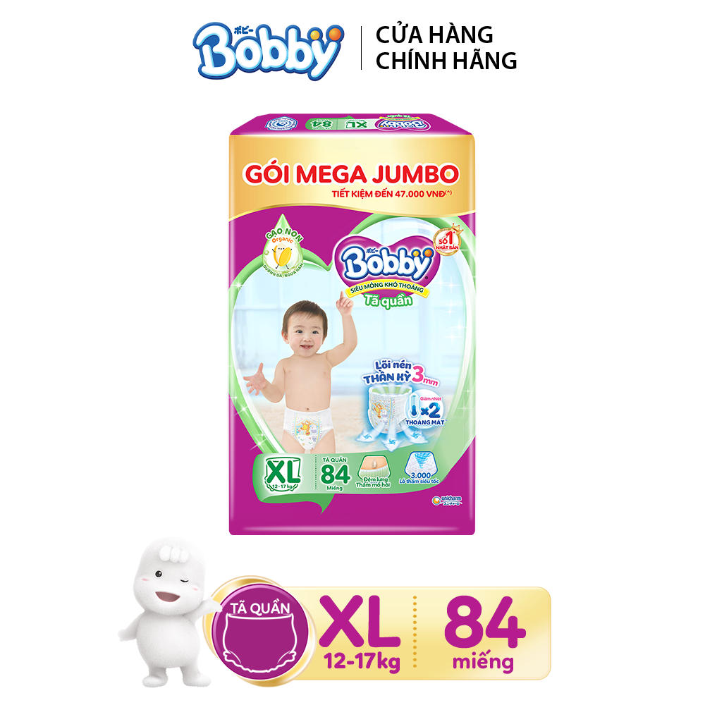 [Tặng thêm 4 miếng] Tã/bỉm quần Bobby 3mm Gạo non XL84