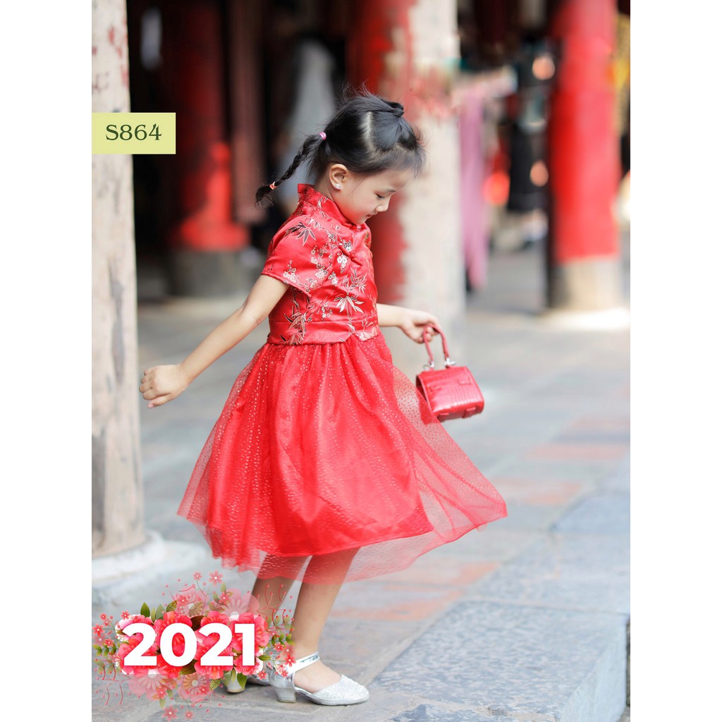 Set áo dài sườn xám đỏ Hanbok bé gái