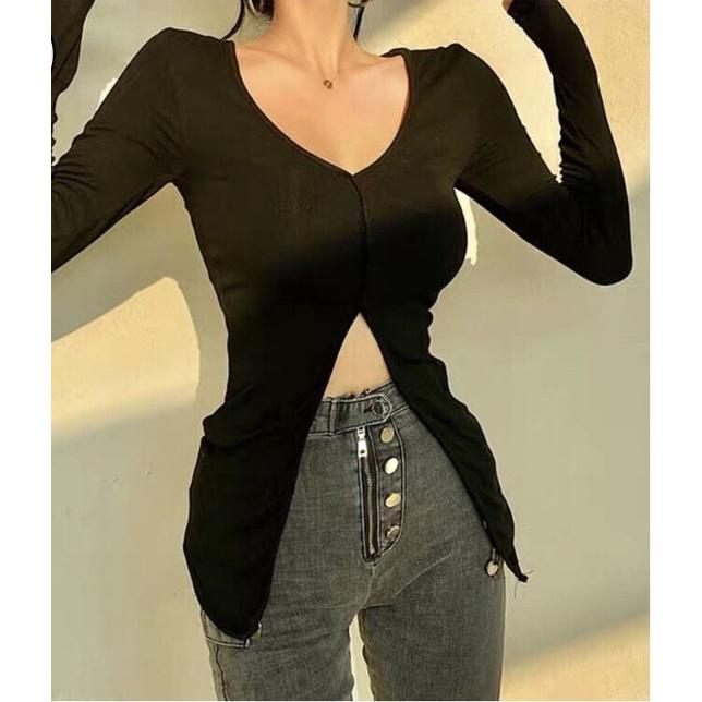 Áo croptop nữ kiểu dài tay xẻ tà vải thun gân cổ tim ôm body sexy HIJUNE CT08