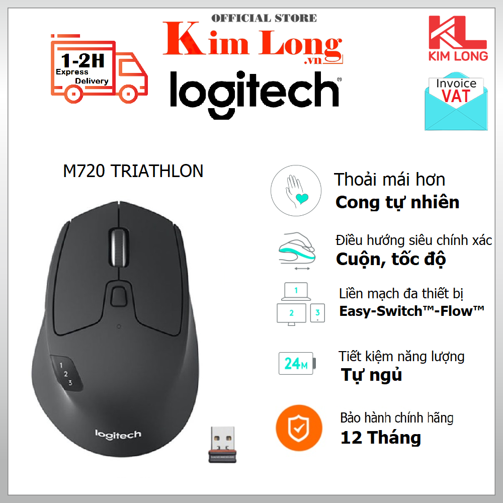 Chuột Logitech M720 Triathlon kết nối Bluetooth và Usb Unifying đa thiết bị - Hàng chính hãng