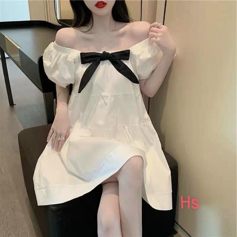 Đầm váy trắng dáng xòe cổ vuông thắt nơ siêu dễ thương, thời trang nữ dạo phố, dự tiệc