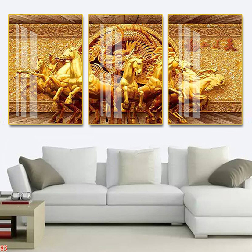 Bộ 3 Tranh Canvas Động Vật Phong Thủy - Tranh Tám Con Ngựa Chạy Tuyệt Đẹp