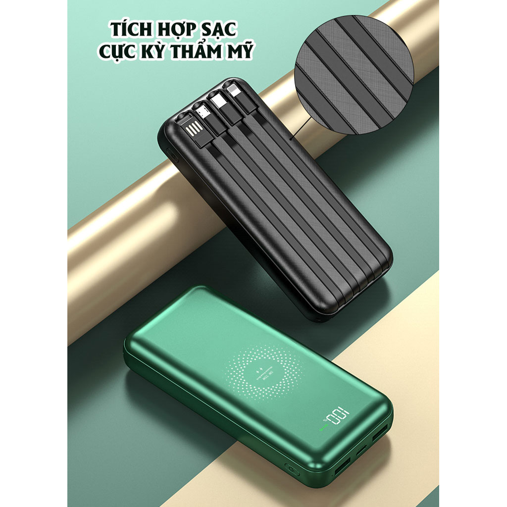 Pin sạc dự phòng Tích hợp sạc không dây HXSJ 10000mAh, Hỗ trợ sạc nhanh cổng usb 2.1A Kèm sẵn 4 đầu sạc cho các dòng điện thoại - Hàng chính hãng