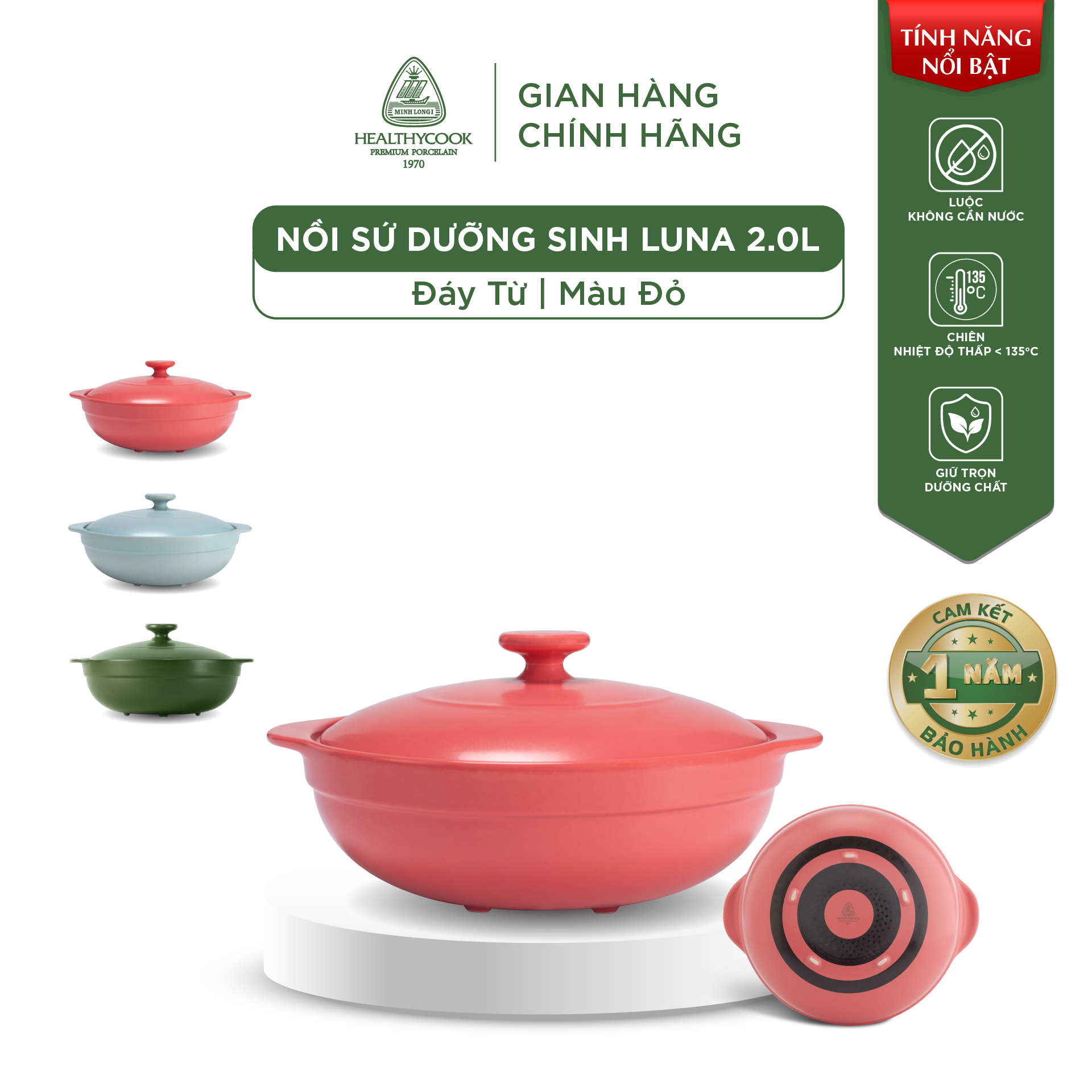 Nồi Sứ Dưỡng Sinh Minh Long Healthy Cook Luna 2L - Dùng Cho Bếp Từ