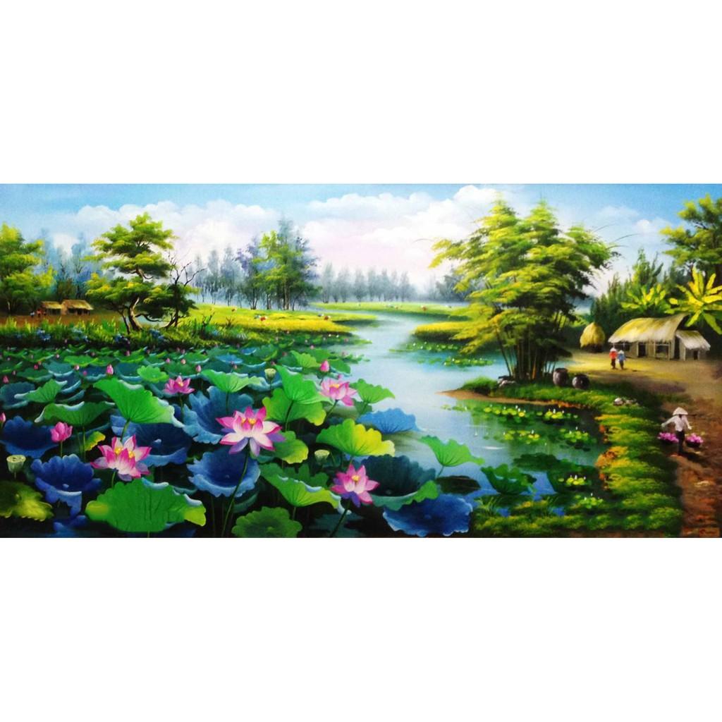 Tranh Đính Đá LÀNG QUÊ ĐẦM SEN . Kích Thước: 1m2 x 65cm - 1m5 x 75cm