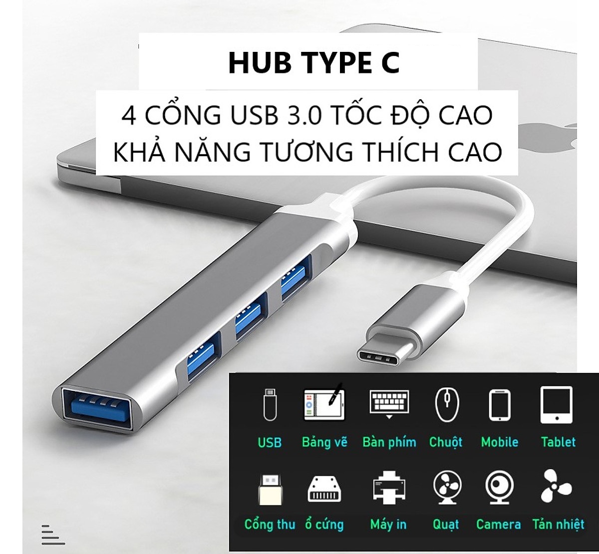 HUB TYPE C Và HUB USB Tốc Độ Cao Chia 4 Cổng USB 3.0 CV, HUB Chuyển Đổi Dành Cho Macbook Pro, Laptop, PC, Hỗ Trợ OTG Kết Nối Điện Thoại, Sạc Pin, Kết Nối Đa Năng Ổ Cứng, Bàn Phím, Chuột, Máy In, Thiết Bị Ổ Chia USB - Hàng Chính Hãng