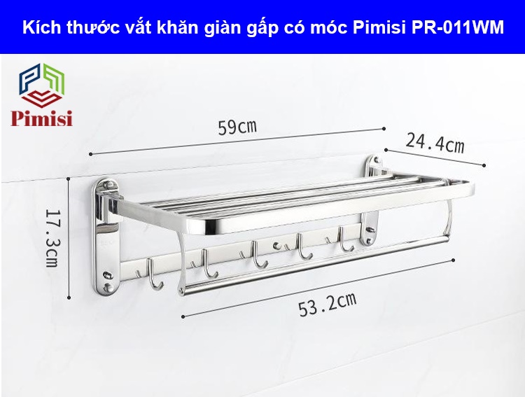 Kệ giá treo khăn tắm dán tường trong nhà vệ sinh Pimisi PR-011WM inox 304 giàn đa năng có kèm keo dán | hàng chính hãng