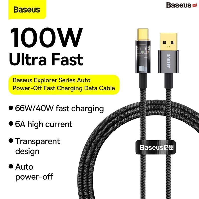 Cáp Sạc Baseus Explorer Series Auto Power-Off Fast Charging Data Cable USB to Type-C 100W Tự Ngắt, truyền dữ liệu, sạc nhanh, có đèn led- Hàng chính hãng